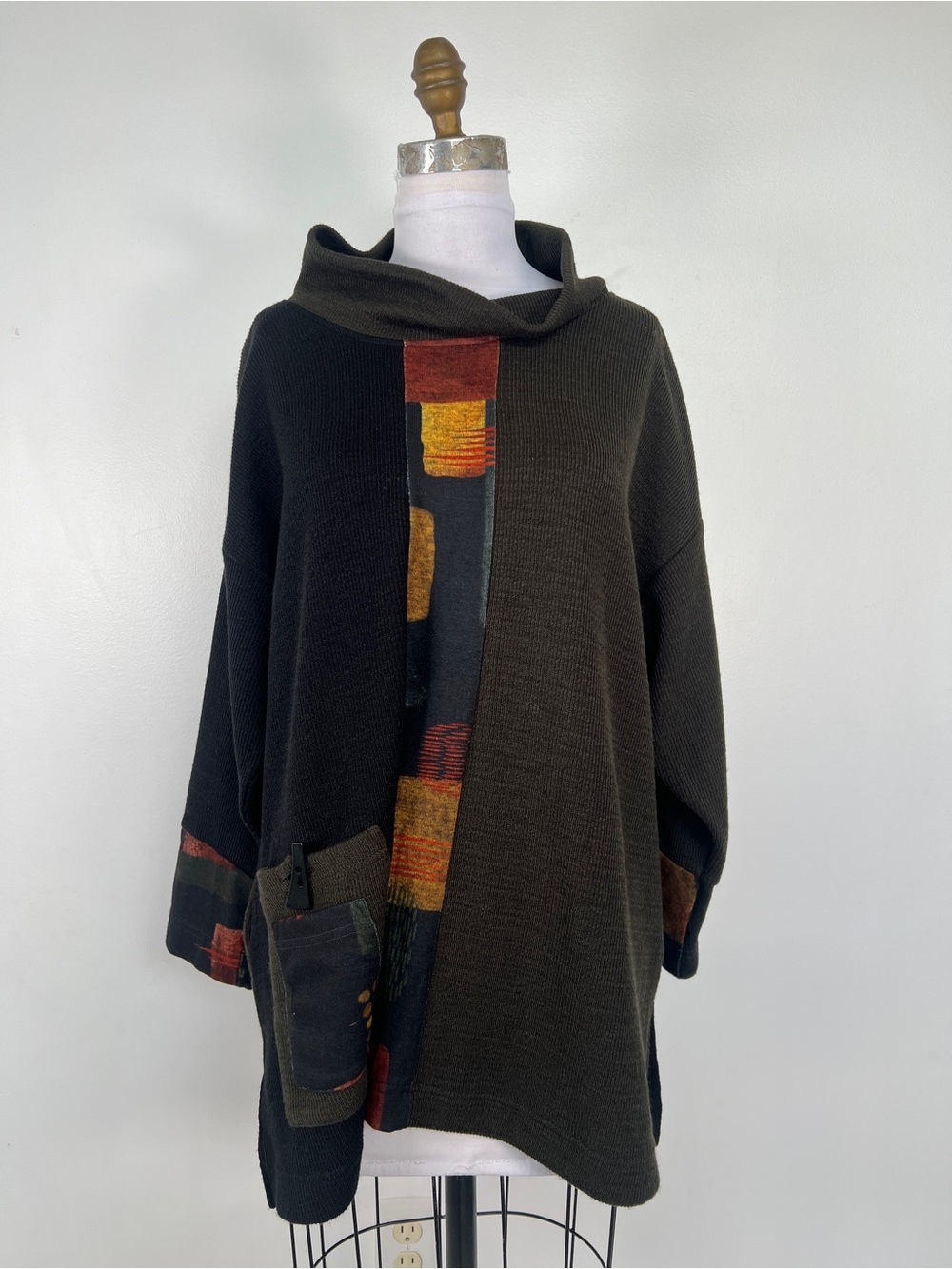 Ali Miles XL Women's Dark Olive & Black Patterned Pullover Sweater Tunic EUC!